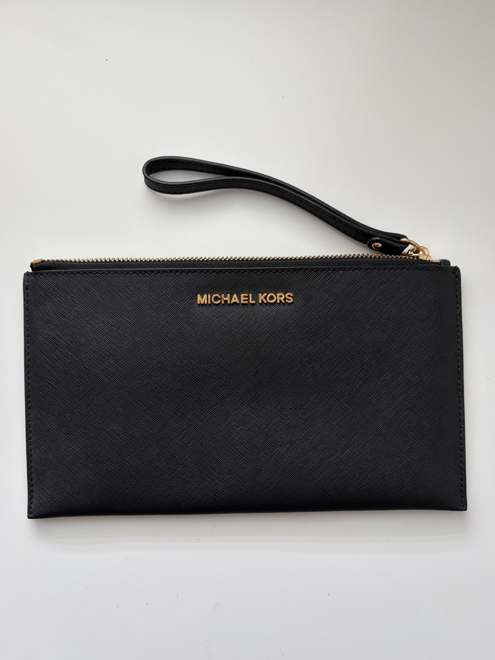 Michael Kors Black Leather Wristlet Clutch with Gold Hardware